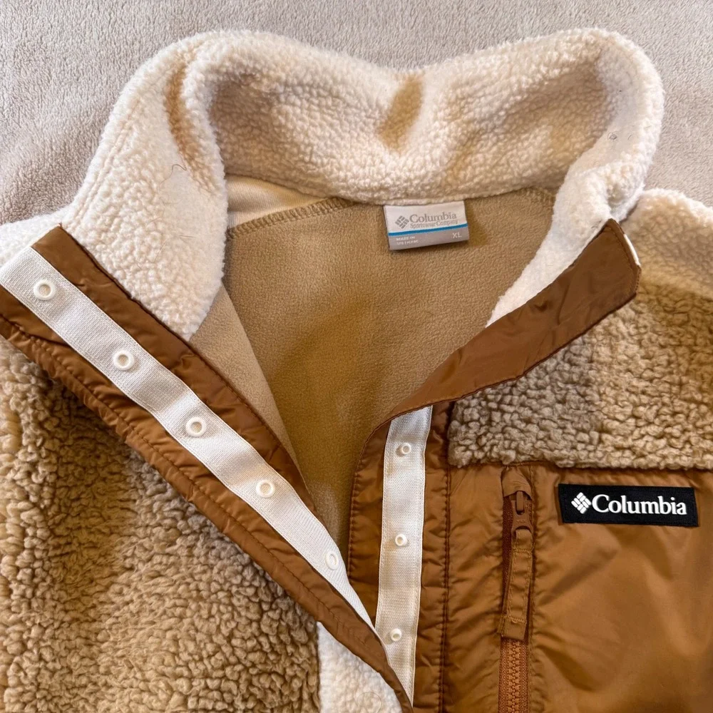 Columbia Neutral Sherpa Fleece Pullover Tan Cream Cozy Outdoor Crop Jacket Sz XL - Picture 4 of 12